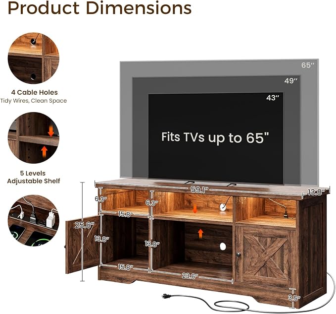 Casaottima TV Stand for 65 Inch TV, Farmhouse Entertainment Center - Image 3