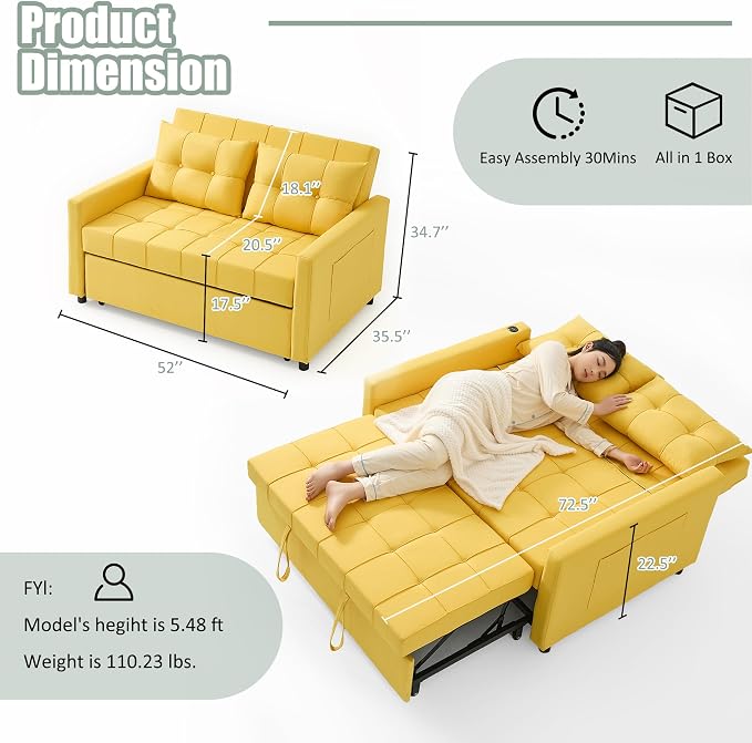 GOSUHI 52" Sleeper Sofa with Pull-Out Bed, 3-in-1 Convertible Sofa Bed - Image 2