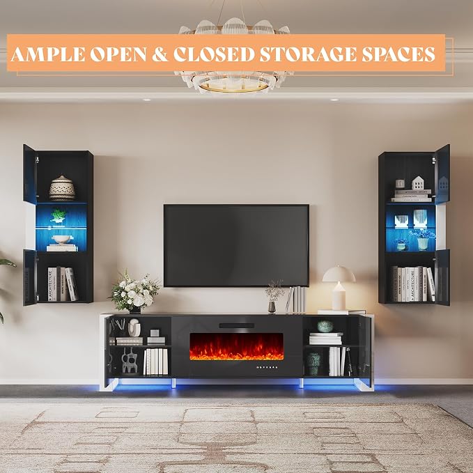 AMERLIFE 3-Piece Modern Wall Unit Entertainment Center Set, High Gloss 80" - Image 6