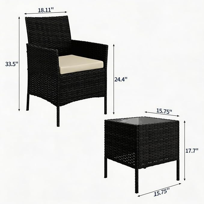 3-Piece Outdoor Furniture Set, PE Rattan Wicker Chairs - Image 2