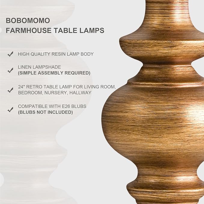 BOBOMOMO 24" Traditional Lamps Set of 2 – Antique Gold Bedside Lamps - Image 2