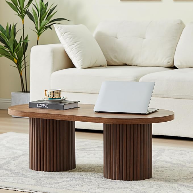 Oval Fluted Coffee Table, Farmhouse Wood Coffee Table Mid Century Modern Center by RUSTYER