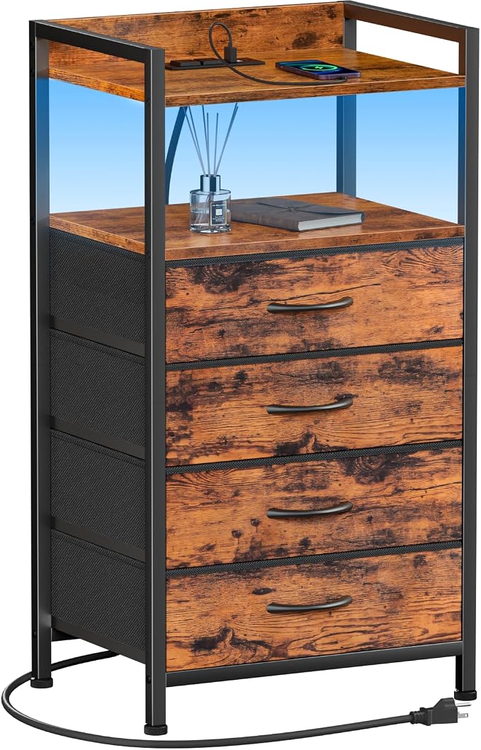 Furnulem Night Stand with Charging Station and Led Light, 4 Drawer Dresser by Furnulem