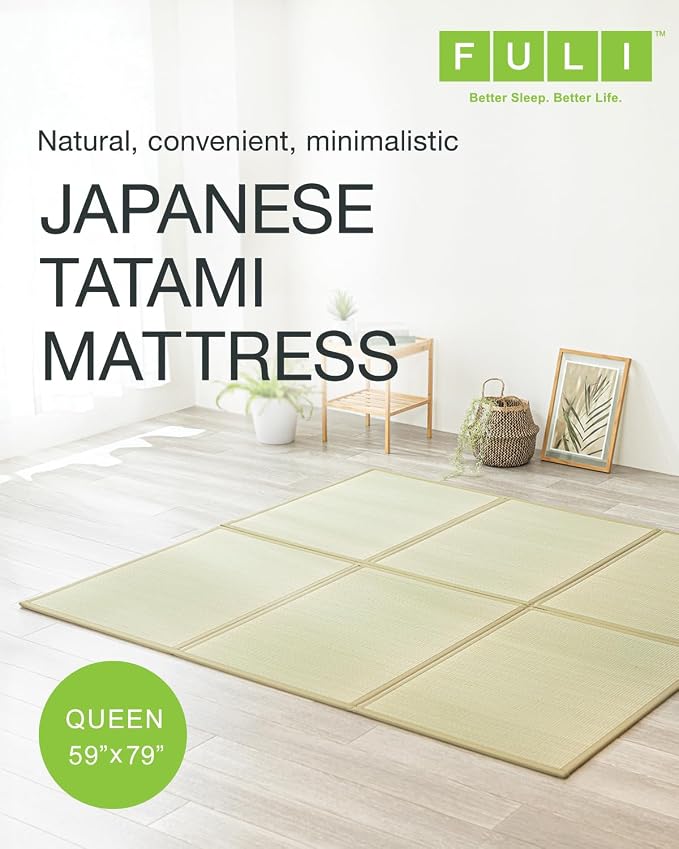 FULI Japanese Tatami Mattress, Foldable Igusa Rush Grass Tatami Rug, Natural - Image 3