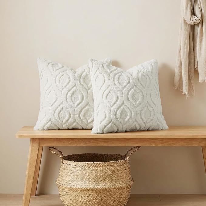 decorUhome Throw Pillow Covers 20x20 Inch Set of 2, Soft Plush Faux Wool Cream - Image 4