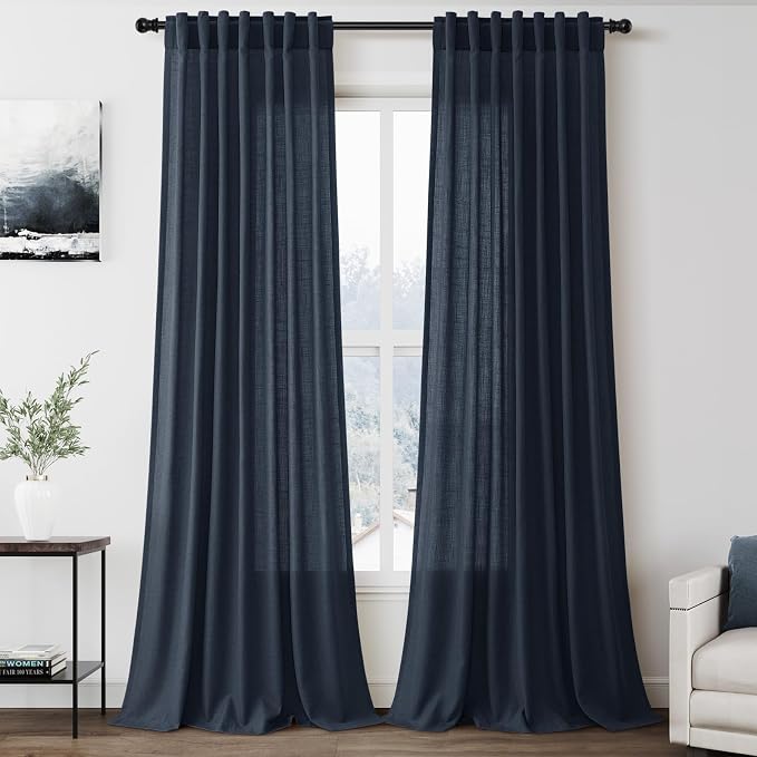 Nanspring Vintage Blue Linen Curtains 102 Inches Long Rod Pocket Back Tab by Nanspring
