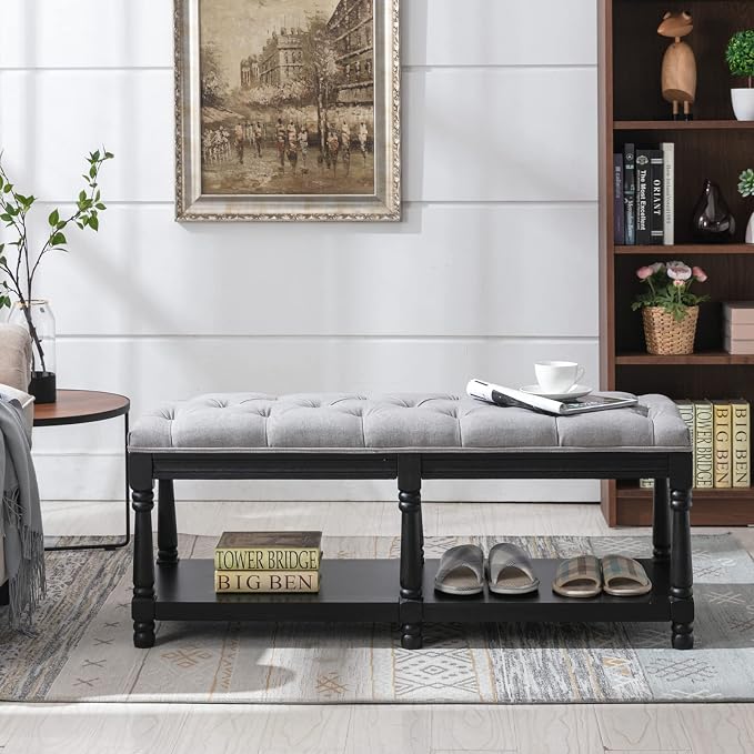 Farmhouse Storage Bench Wooden Entryway Linen Upholstered Ottoman Button Tufted - Image 4
