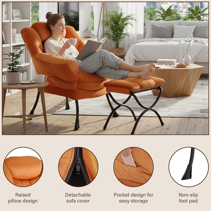 Welnow Orange Lazy Chair with Ottoman, Modern Accent Chair with Armrests and a - Image 4