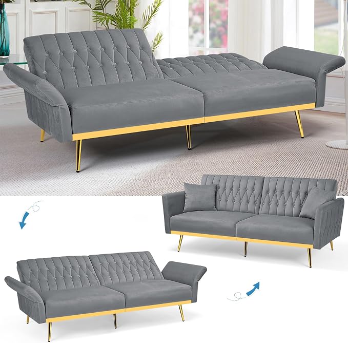 70” Velvet Futon Sofa Bed with 2 Pillows and Adjustable Armrests, Convertible - Image 5