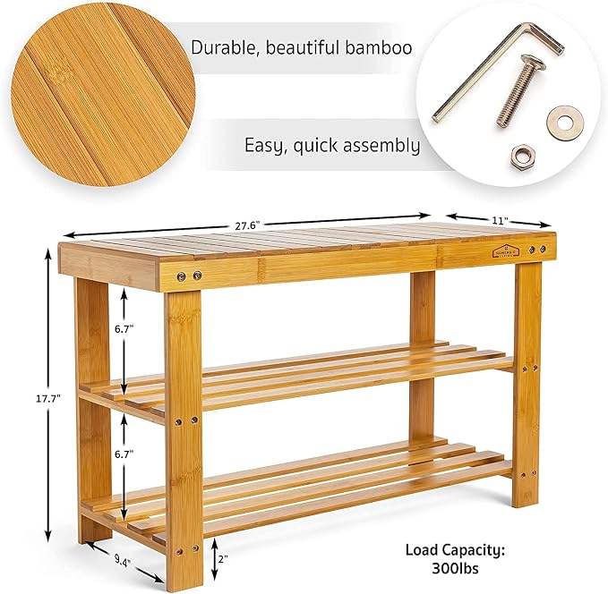 Purawood Bamboo 3 Tier Shoe Rack Bench, Premium Shoe Organizer or Entryway Bench - Image 3