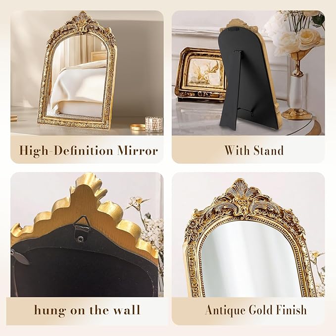 YUSONG Vintage Desk Mirror – 7" Gold Antique Tabletop Mirror - Image 4