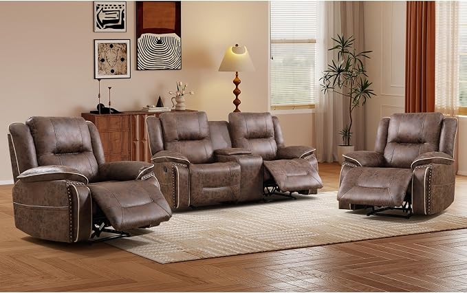 EBELLO Faux Leather Manual Recliner Sofa Set, 2 Seat Reclining Chair and a by EBELLO