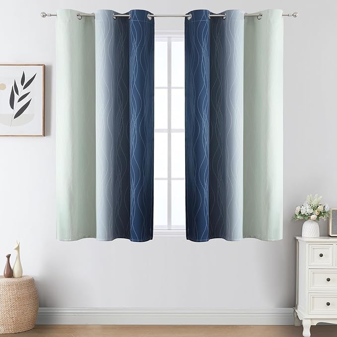 Estelar Textiler Sage Green and Navy Blue Ombre Blackout Curtains 45 Inches Long - Image 2