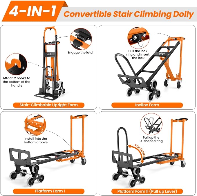 4-in-1 Hand Truck Dolly Heavy Duty Industrial Convertible, 1000 LBS Stair - Image 4