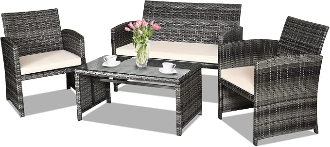 Goplus 4-Piece Rattan Patio Furniture Set, Outdoor Wicker Conversation Sofa by Goplus