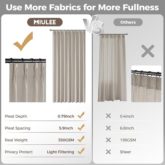 MIULEE Pinch Pleated Thick Linen Curtains 102 Inches Long 2 Panels - Image 6