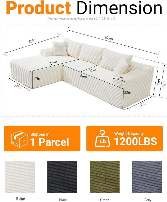 Cloud Sectional Couch, Corduroy Boneless Couches - Image 2