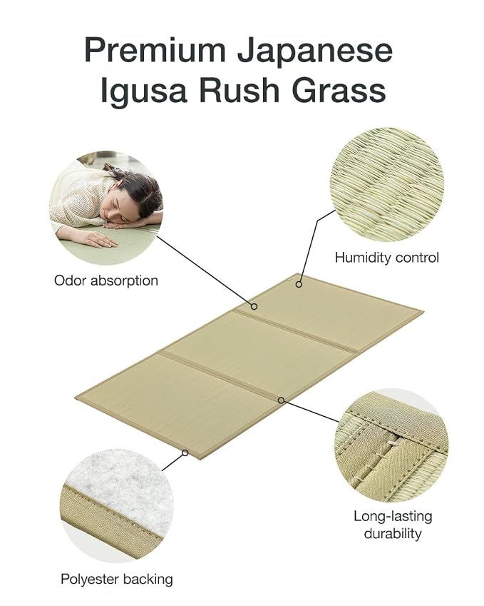 FULI Japanese Tatami Mattress, Foldable Igusa Rush Grass Tatami Rug, Natural - Image 5