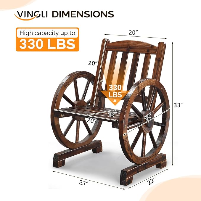 VINGLI Rustic Wooden Wheel Bench Outdoor Bench, Patio Bench Wagon Slatted Seat - Image 3