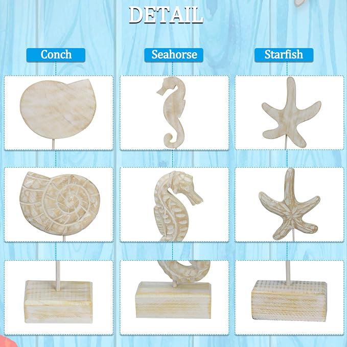 3pcs Wood Handmade Beach Nautical Style Figurines Starfish/Conch/Seahorse - Image 3