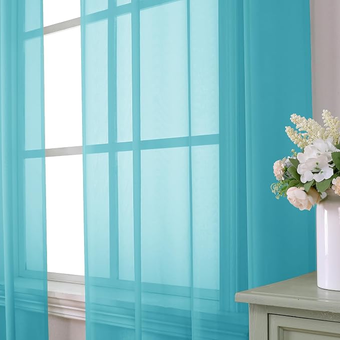 Aiyufeng Turquoise Sheer Curtains 45 Inch Length 2 Panels Set, Light Filtering - Image 2