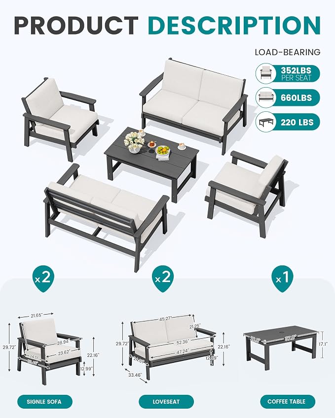 SERWALL HDPE Patio Furniture Set, 5 Piece All Weather Wood-Like Sectional - Image 3