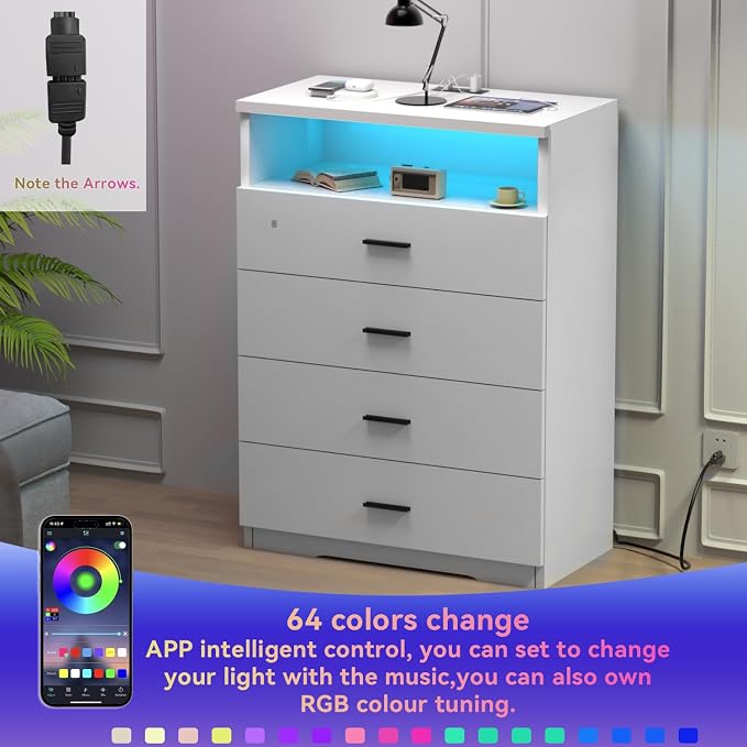 FJTJBSI Dresser with Power Outlets and LED Lights Wooden 4 Drawer Dresser with - Image 4