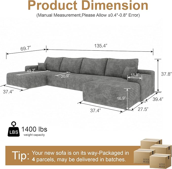 136" Sectional Couches for Living Room Cloud Couch Sofa - Image 2