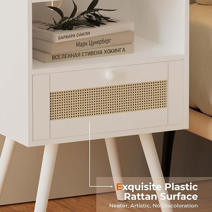 SUPERJARE Nightstand with Charging Station & Rattan-Like Decor Drawer, Rattan - Image 7