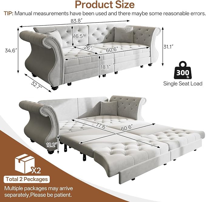 83.8" Oversized Pull Out Sofa Bed, Chesterfield Velvet Sleeper Sofa Couch - Image 2
