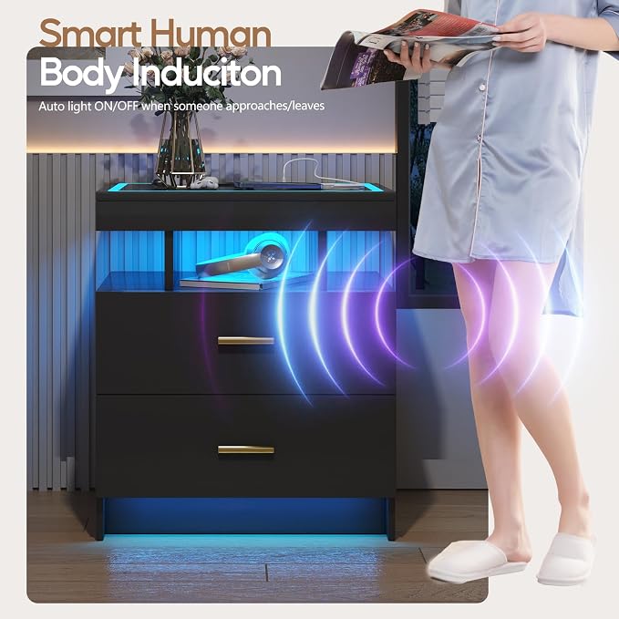 LED Nightstand Set 2 with Wireless Charging Station, Glass Top Smart Bedside - Image 6