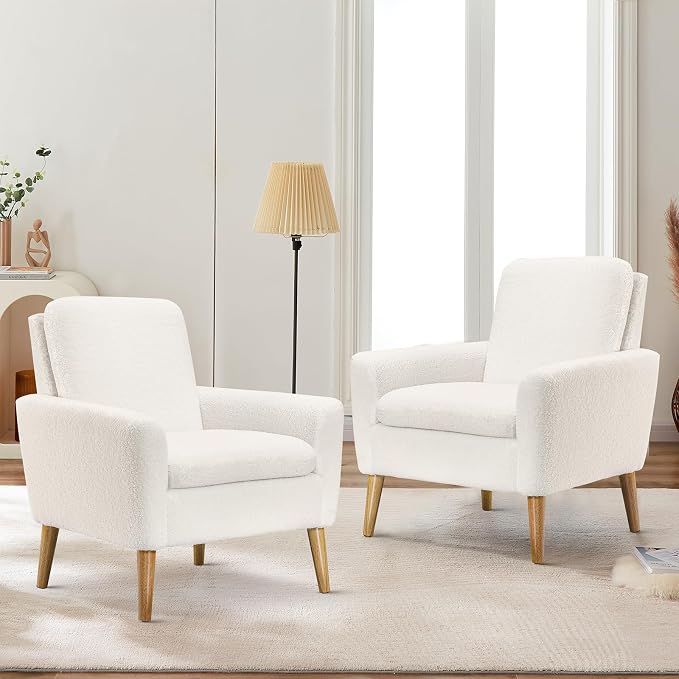 White Accent Chair Set of 2 for Living Room, Fluffy Comfy Reading Leisure by Lohoms