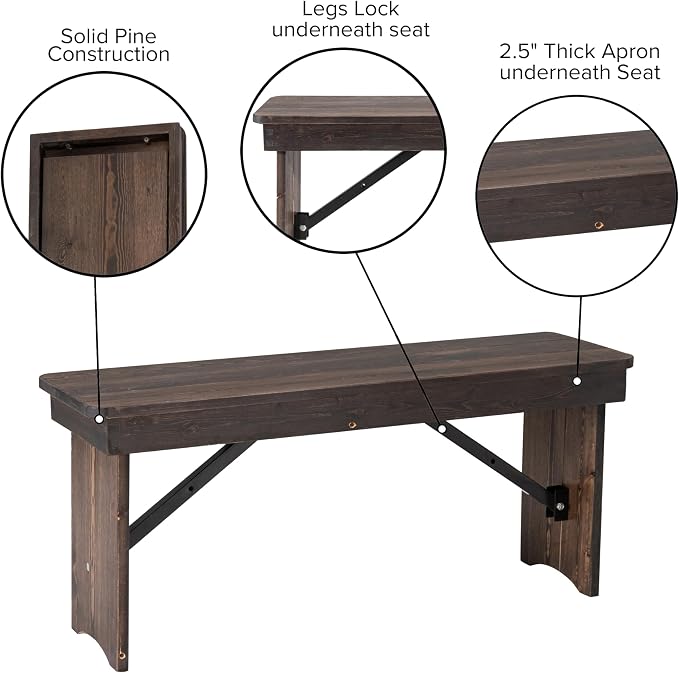 Flash Furniture HERCULES 40" x 12" Folding Farm Bench, Solid Pine Entryway - Image 5