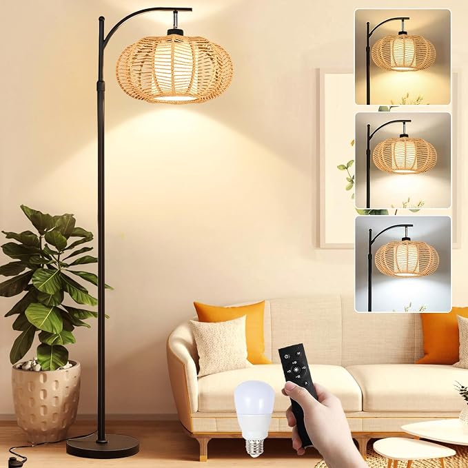 ZECOXOL Arc Floor Lamps for Living Room Bedroom Rattan Boho Floor Lamp by ZECOXOL