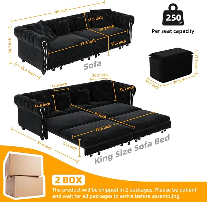 89" Velvet Convertible Sofa Bed Couch - Image 2