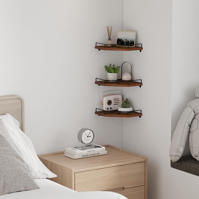 HORLIMER Floating Corner Shelf Wall Mount, 3 Pack Rustic Wood Corner Wall - Image 2