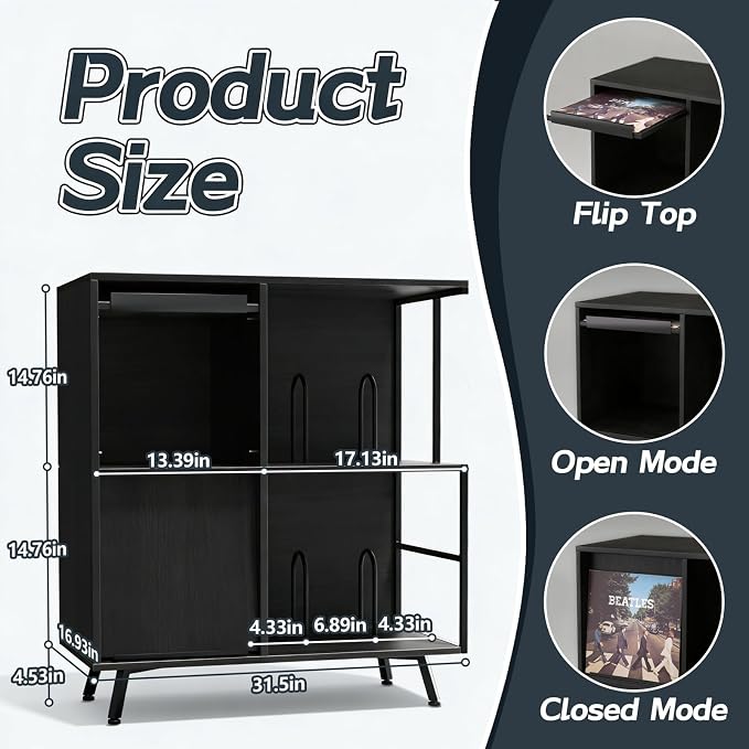 Faesun 3 Tier Flip Top Record Player Stand, Vinyl Record Storage Holds up to - Image 3