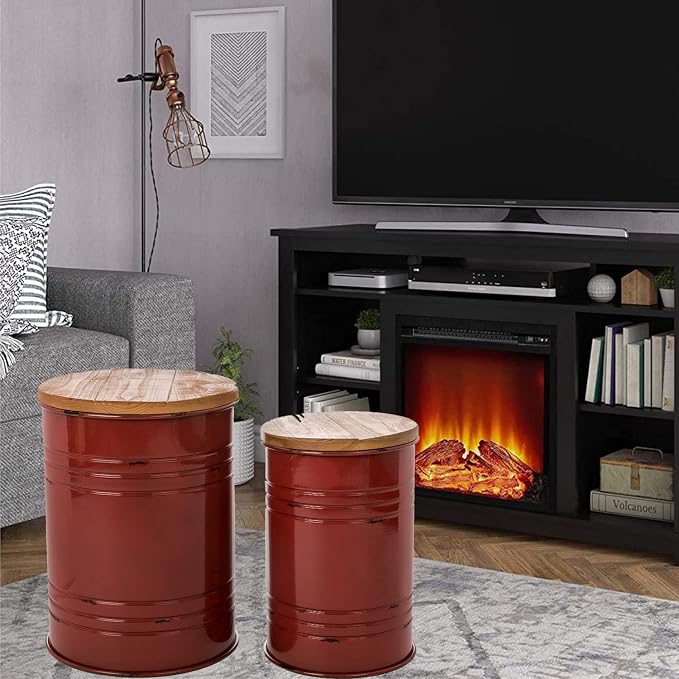 Glitzhome Rustic End Table Set of 2, Farmhouse Galvanized Metal Barrel Ottoman - Image 7