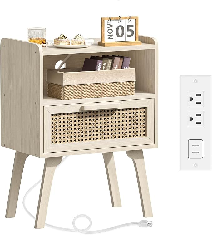 Lerliuo Rattan Nightstand with Charging Station, Side Table with Drawer Open by Lerliuo