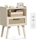 Lerliuo Rattan Nightstand with Charging Station, Side Table with Drawer Open by Lerliuo