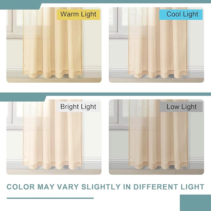 DWCN Beige Sheer Curtains Semi Transparent Voile Rod Pocket Curtains - Image 3
