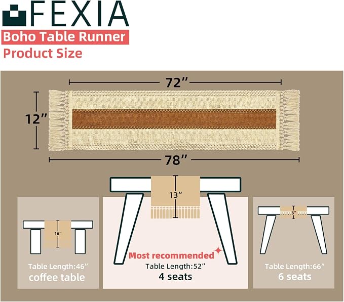 FEXIA Boho Table Runner 72 Inches Long Macrame Summer Decor Coffee Table Cover - Image 2