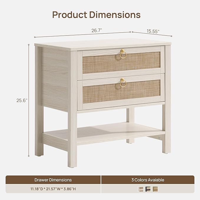 SICOTAS Boho Rattan Nightstand Set of 2, 26.7" Extra Wide Bedside Table - Image 2