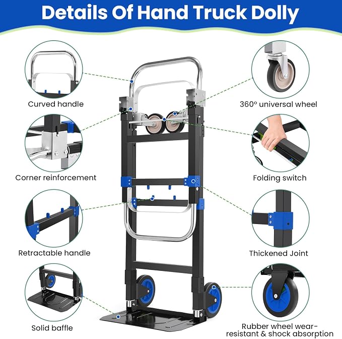 3-in-1 Folding Hand Trucks, 600Lbs Convertible Hand Truck Dolly, Heavy Duty - Image 3