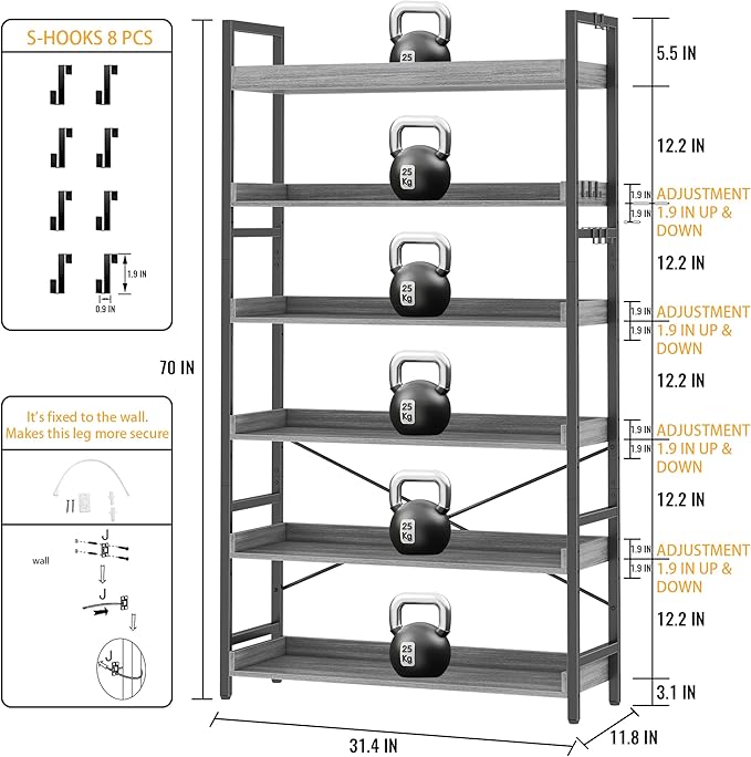 HCHQHS Bookshelf, Adjustable Industrial Bookcase, Vertical Tall Book Shelf - Image 3
