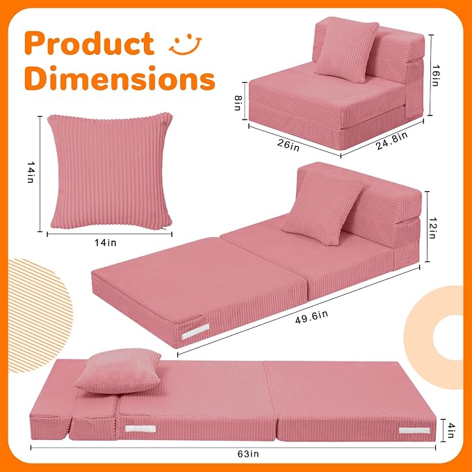 MeMoreCool Kids Folding Sofa – Corduroy Floor Futon Chair, Tri-Fold Mattress - Image 5