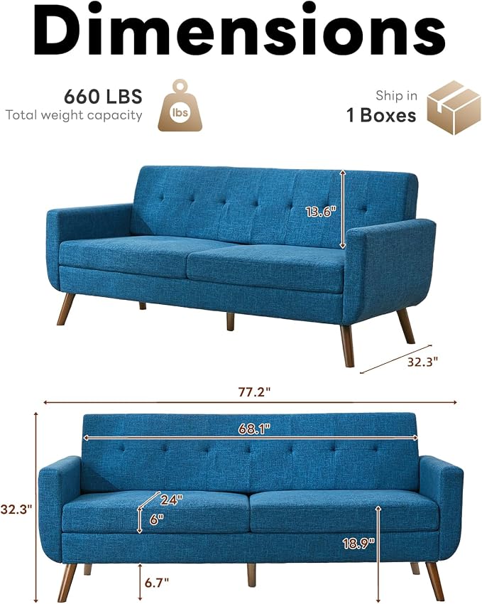 Tbfit 77.2" W Linen Sofa Couch, Mid Century Modern Decor Loveseat Couches - Image 2