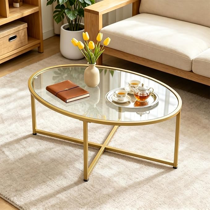 Wolawu Coffee Table Gold Oval Glass Coffee Tables - Image 3
