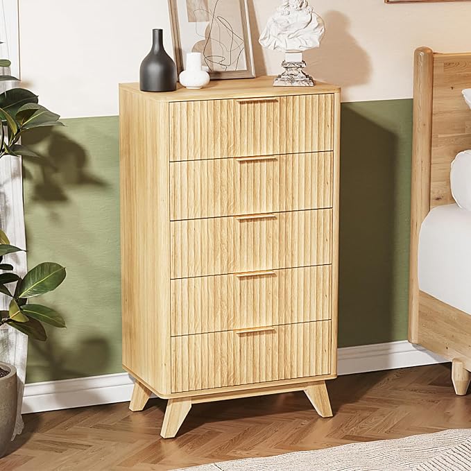 VINGLI Fluted Tall Dresser 5 Drawer, 23.66" W Chest of Drawers, Oak Wood Dresser - Image 6