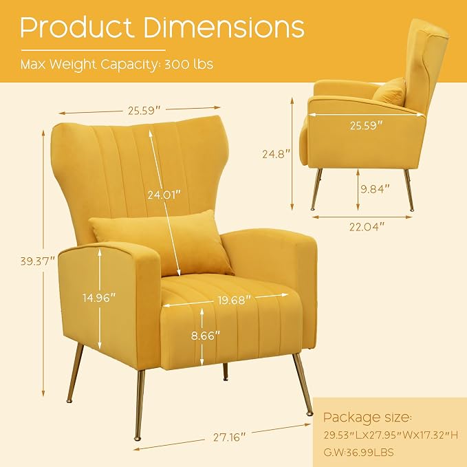 Modern Accent Chairs Set of 2, Comfy Wingback Armchair - Image 2